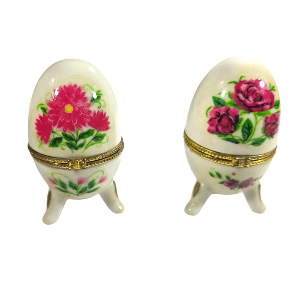 Set Of 2 Trinket Boxes Ceramic Egg Hand-Painted Floral  Easter gift cottagecore